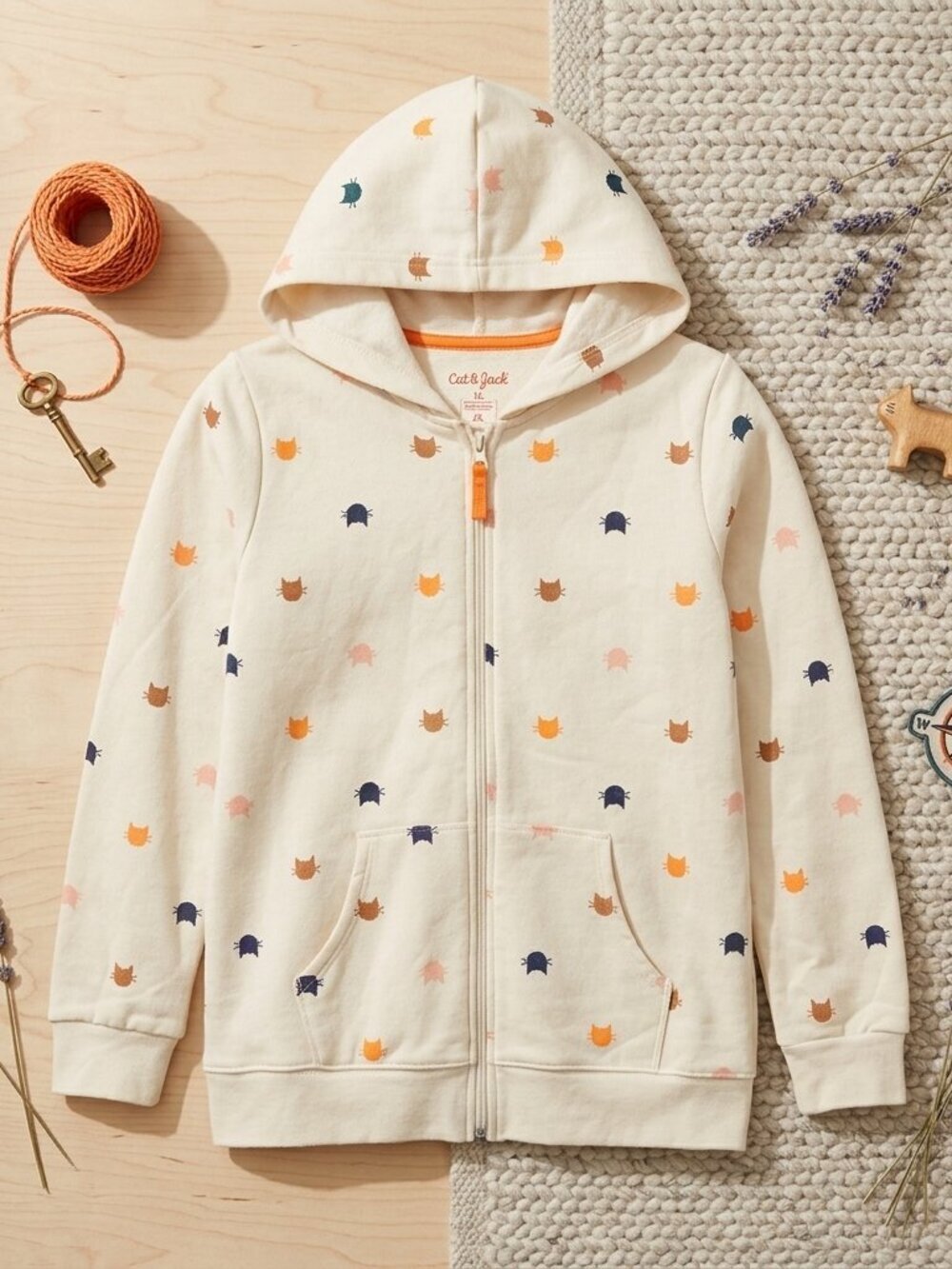 Cat & Jack Cream Cat Graphic Zip-Up Hoodie Jacket XL 14/16